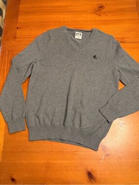 Express Men's Heather Gray V-Neck Sweater with Embroidered Chest Logo